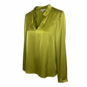 T Tahari Olive Green Satin Long Sleeve V-Neck Blouse Size M